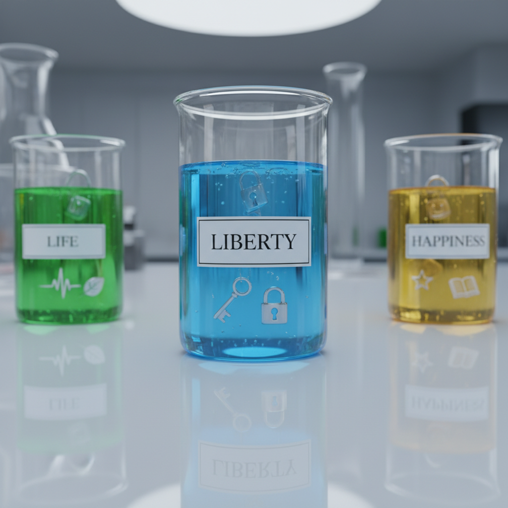 A neatly arranged set of three glass beakers sits on a glossy white lab bench, each beaker filled with different brightly colored, semi-transparent liquid labeled "Life," "Liberty," and "Happiness" in clean, modern typography, all rendered in photographic realism. Floating within each liquid are tiny, suspended icons: a heartbeat line and leaf in the first, a tiny key and open lock in the second, a smiling star and book in the third. Cool, even studio lighting from above and slightly behind creates luminous glows inside the beakers and crisp reflections on the bench surface. Captured at eye level with a shallow depth of field, the central beaker is in sharpest focus while the others gently soften, suggesting an experimental, playful approach to analyzing the components of a just and thriving society.