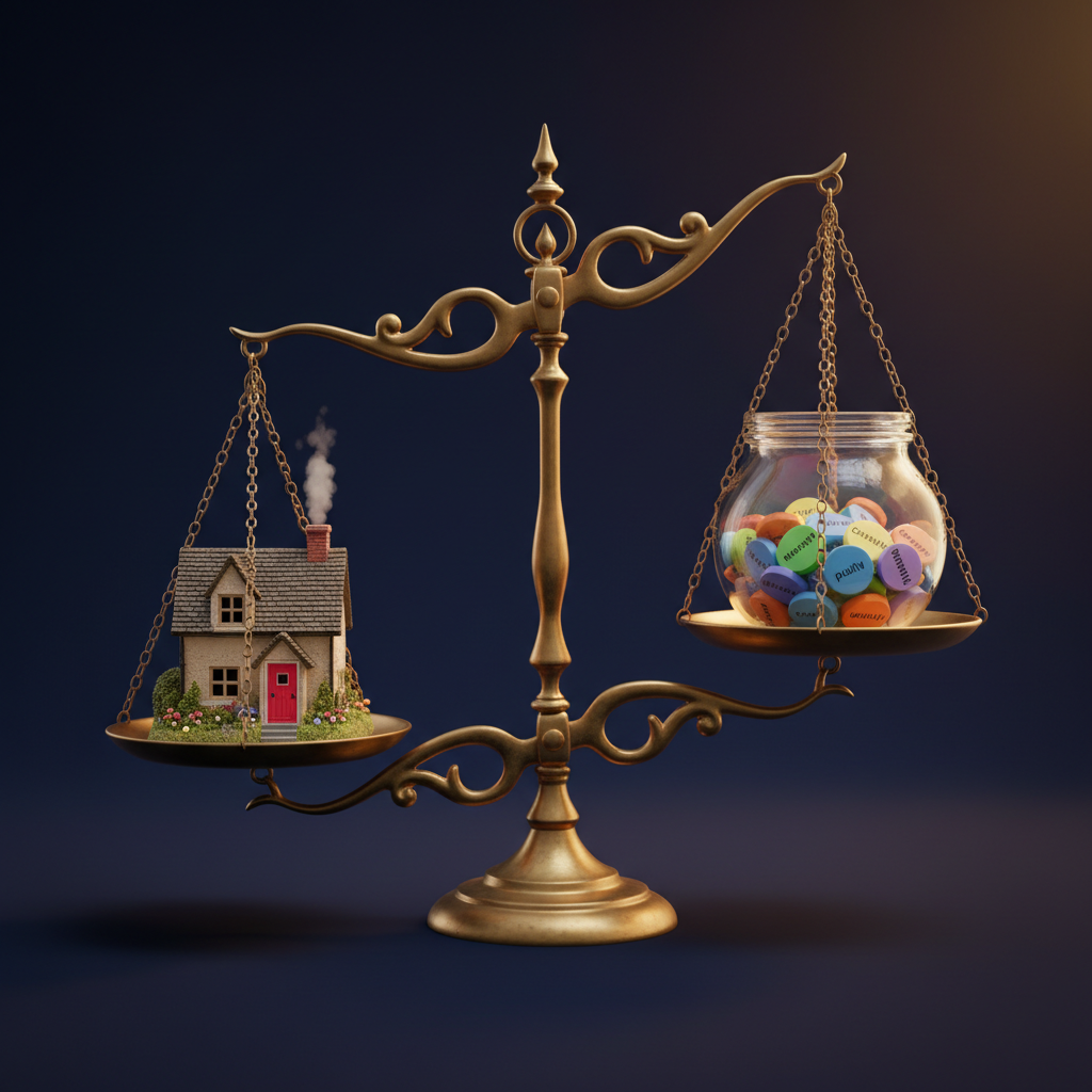 A whimsical balance scale made from polished brass stands centered on a matte navy backdrop, depicted with photographic realism. On one side of the scale rests a tiny, detailed model of a cozy cottage with a bright red door; on the other side, a transparent jar filled with multicolored tokens labeled with miniature words like "health," "education," and "play." The scale hovers at near-perfect equilibrium. A soft golden hour spotlight from the upper right creates gentle highlights on the brass and subtle reflections on the glass jar, while the background fades into velvety blur. Shot straight-on with a shallow depth of field and plenty of negative space, the mood is optimistic and curious, inviting viewers to consider how resources and happiness can balance in a just society.