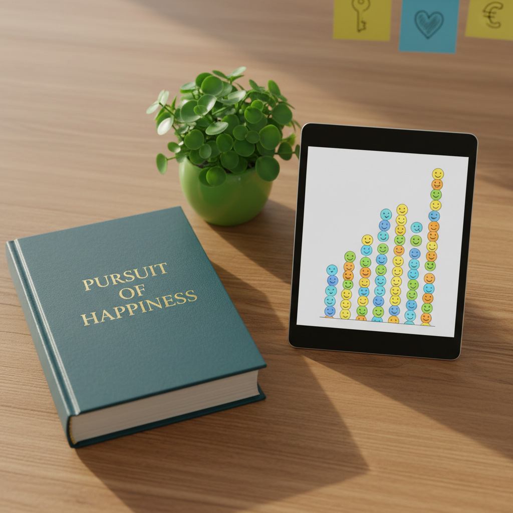 A tidy desktop scene in photographic realism featuring an open hardcover book titled "Pursuit of Happiness" embossed in gold on a deep teal cover, resting beside a thin tablet displaying a colorful bar graph made of tiny illustrated smiley faces instead of bars. The surfaces sit on a warm oak desk with visible grain, and a small, vibrant potted plant with round leaves adds a pop of green. Soft afternoon light filters from the left, creating pleasing highlights on the tablet glass and gentle shadows under the book’s edges. Shot from a three-quarter overhead angle with moderate depth of field, the background fades into soft blur, including faintly visible sticky notes with doodled icons of a key, a heart, and a coin. The mood is playful yet studious, perfect for a nonprofit analyzing well-being data.