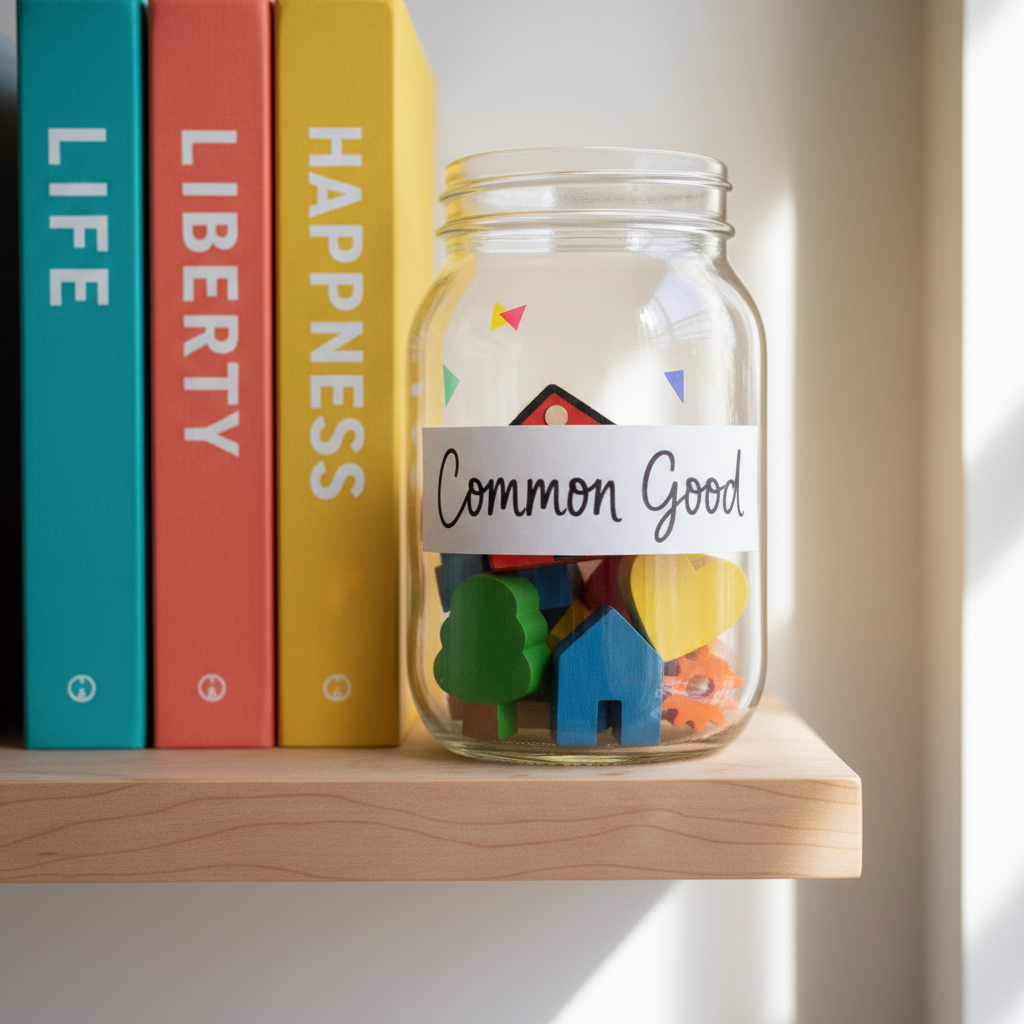 A close-up, photographic image of a transparent glass jar labeled "Common Good" in friendly, hand-lettered script, sitting on a light maple shelf. Inside the jar are not coins, but tiny, vividly colored wooden icons: a miniature schoolhouse, a tree, a house, a heart, and a tiny gear, all stacked in a playful jumble. Behind the jar, three slim, brightly colored books stand upright with visible spines reading "Life," "Liberty," and "Happiness" in bold typography. Gentle window light from the right creates a soft glow through the glass, casting colorful reflections and faint shadows onto the wall. Captured at eye level with shallow depth of field, the jar is in sharp focus while the background books blur slightly, creating a warm, hopeful atmosphere that hints at shared resources and collective prosperity.