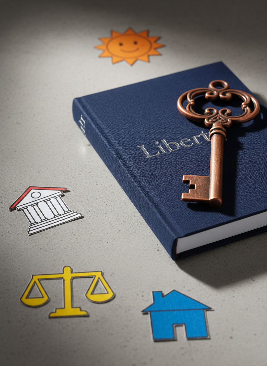 An oversized, vintage-style key made of brushed copper lies diagonally across a navy-blue cloth-covered journal embossed with the word "Liberty" in silver, all captured in crisp photographic detail. The journal rests on a light concrete surface scattered with small, playful cardboard cutouts: a tiny courthouse, a simple house, a scale, and a smiling sun, each in bold, flat colors. Directional studio lighting from the upper left creates a dramatic yet gentle highlight along the key’s contours and subtle shadows from each cutout, adding depth without feeling harsh. Shot from a slightly elevated angle with the key in the rule-of-thirds intersection, the surrounding elements softly blur while remaining recognizable. The mood is reflective and slightly playful, suggesting that unlocking liberty involves tangible structures and everyday economic realities.