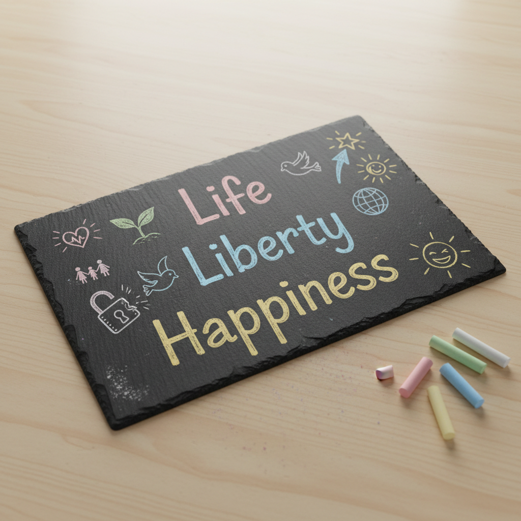 A clean, modern chalkboard-style infographic drawn on a black slate panel resting on a pale birch desk, all rendered in crisp photographic detail. On the slate, three large illustrated words—"Life," "Liberty," and "Happiness"—are written in bright pastel chalk, each surrounded by playful icons: a tiny beating heart, an open padlock, and an upward-swooping arrow with a smiling star at the tip. Colored chalk sticks lie casually nearby, some leaving faint dust on the surface. Diffused overcast light from above eliminates harsh shadows, creating an inviting, classroom-like mood. Captured from a slightly elevated angle with a balanced composition, the scene feels approachable and educational, perfect for exploring economic ideas in a fun, accessible way.