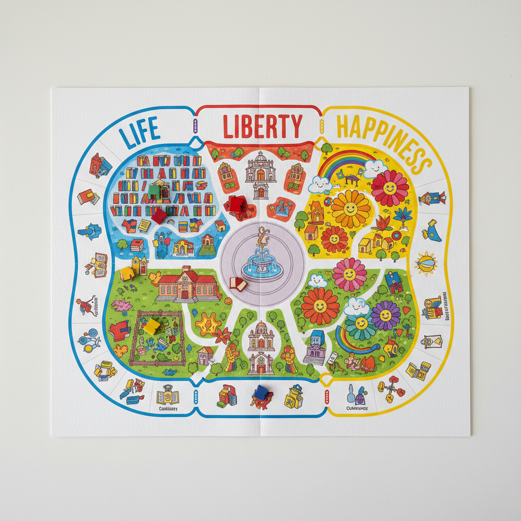 A colorful game-board-style map of an imaginary town printed on thick, slightly textured cardstock and laid flat on a white tabletop, captured in high-resolution photographic style. The board is divided into playful zones labeled "Life," "Liberty," and "Happiness," each illustrated with tiny buildings: a bright community library, an open public square with a stylized fountain, and a cheerful park with oversized flowers and a rainbow slide. Small wooden tokens shaped like houses, books, and little suns are placed on various spaces. Overhead softbox lighting creates even illumination with barely-there shadows, enhancing the printed colors without glare. Photographed from a top-down bird’s-eye view, the composition is clean and organized, suggesting a fun, approachable way to navigate complex socio-economic questions rooted in the Declaration of Independence.