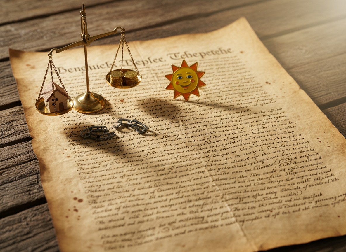 A weathered parchment copy of the Declaration of Independence spread across a rustic wooden table, every looping letter and ink blot crisply legible in photographic realism. Around it lie scattered symbolic objects: a small brass scale tipped between a tiny house and a stack of coins, a miniature broken chain, and a bright enamel pin shaped like a smiling sun. Soft morning light from an unseen nearby window washes across the parchment, emphasizing its texture and subtle creases while casting playful shadows from the objects. Shot at eye level with a gentle shallow depth of field, the foreground text is in sharp focus while the edges blur softly, creating a thoughtful yet whimsical atmosphere that hints at the socio-economic layers hidden in the founding document.